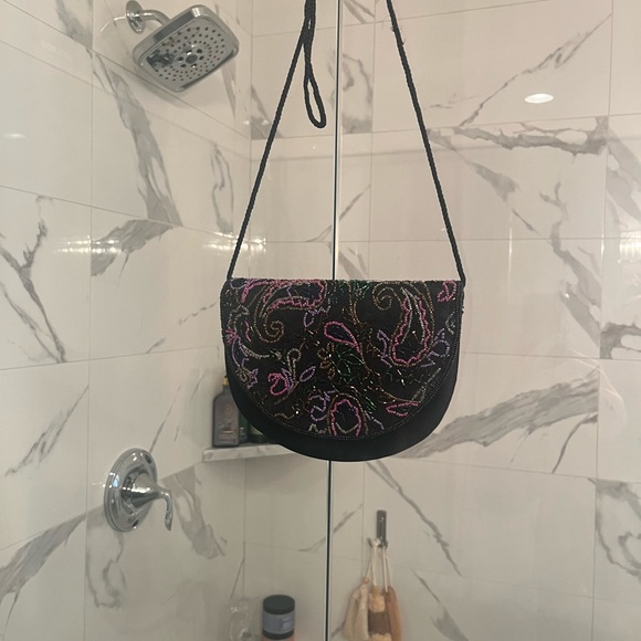 Vintage nicer 🧡quality gala evening bag black satin with jewel tone beading🖤💚 - Picture 15 of 16